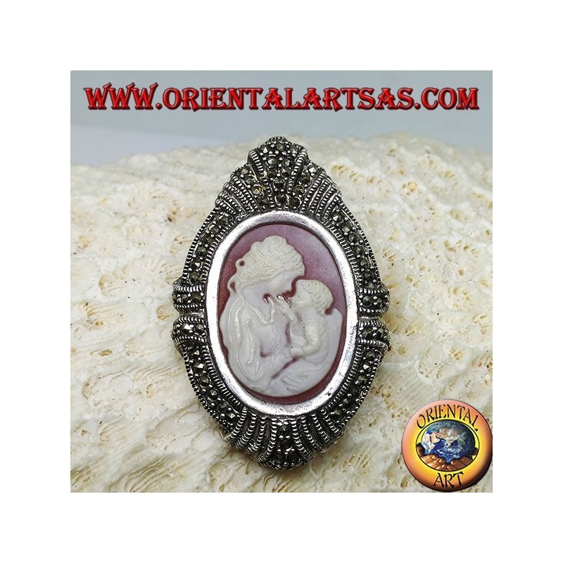 Silver brooch and pendant with a mother cameo and a child surrounded by marcasites