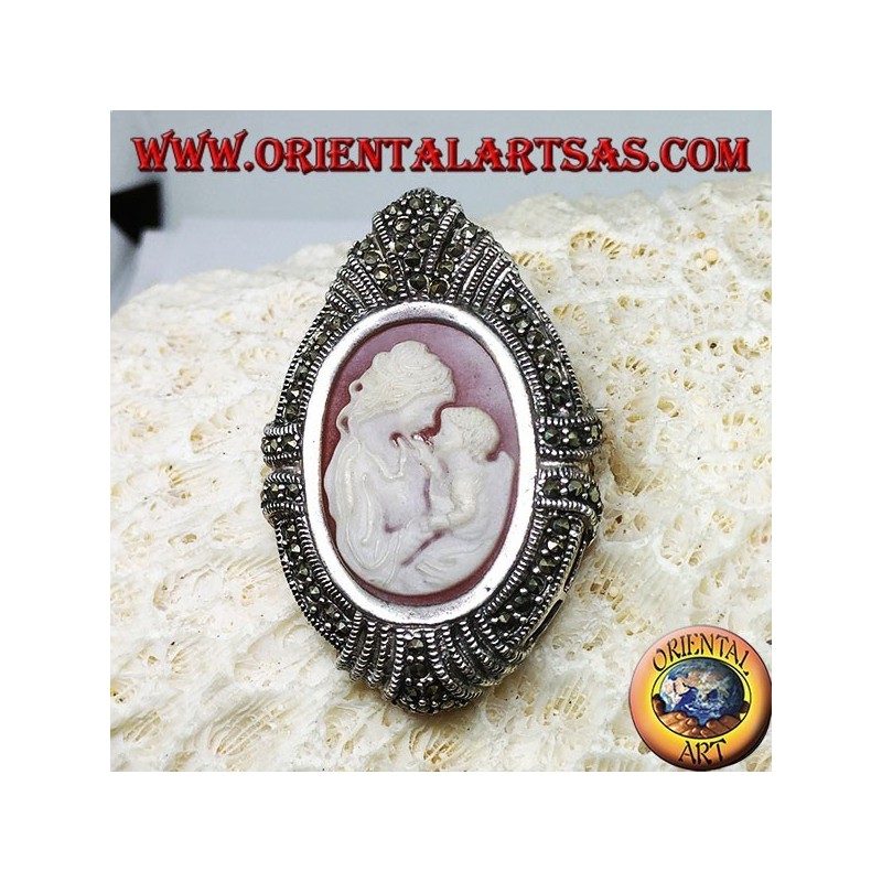 Silver brooch and pendant with a mother cameo and a child surrounded by marcasites