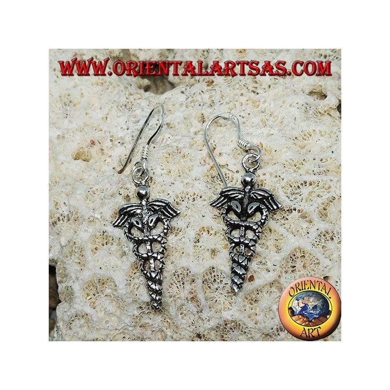 Caduceus pendent silver earrings, symbol of medicine