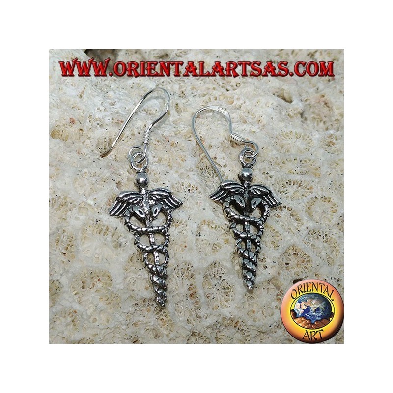 Caduceus pendent silver earrings, symbol of medicine