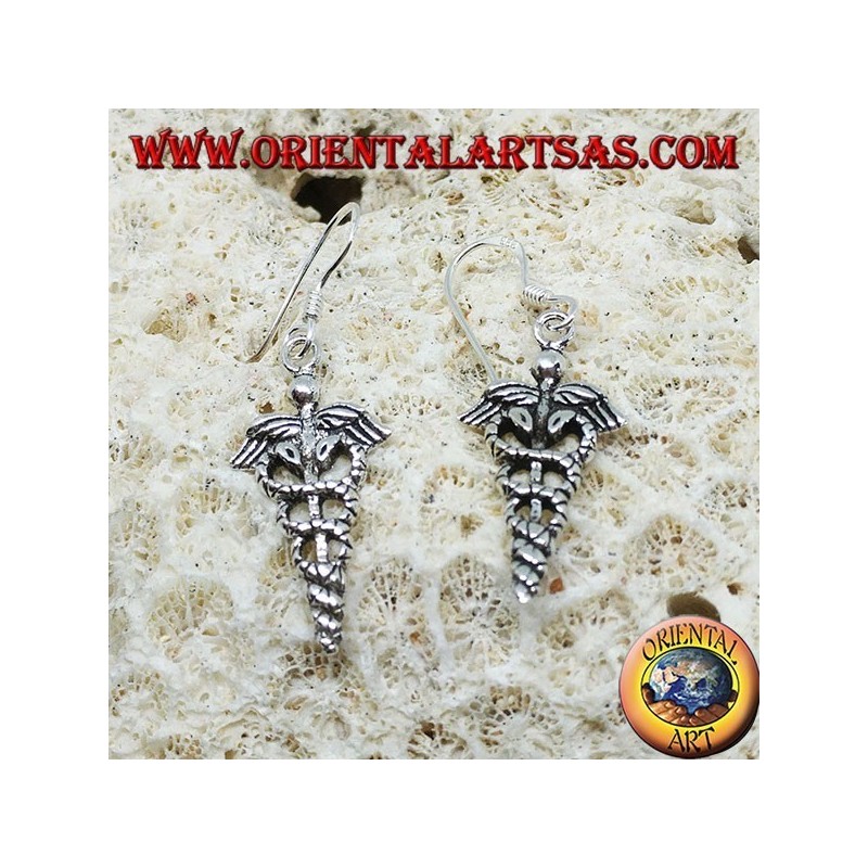 Caduceus pendent silver earrings, symbol of medicine