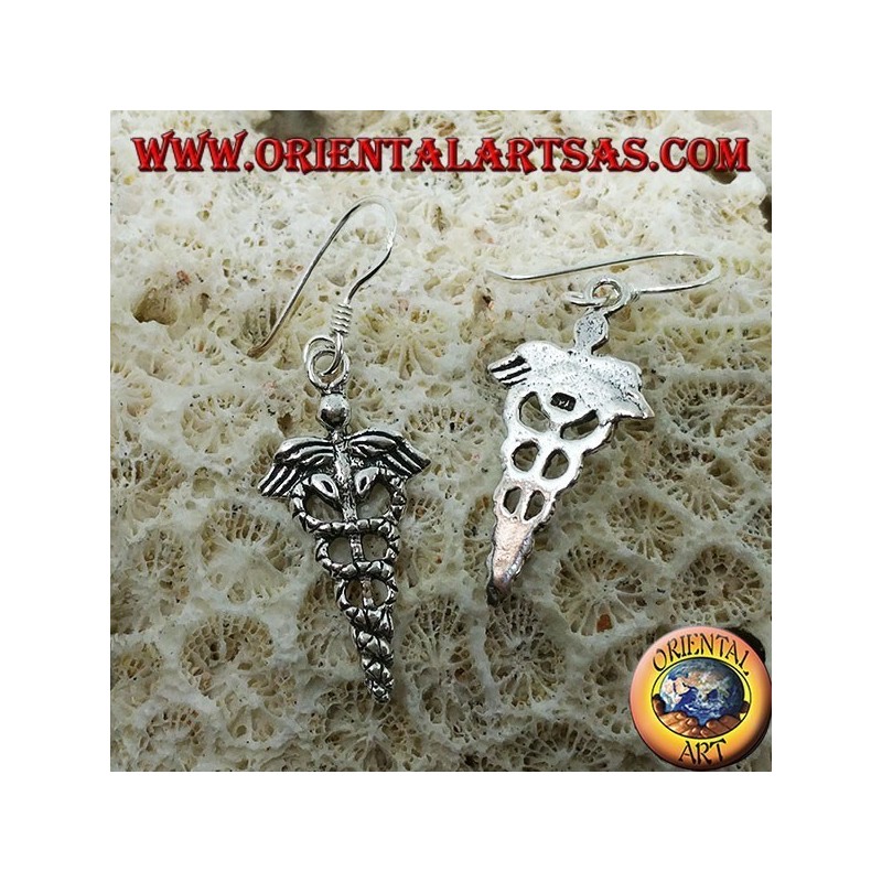 Caduceus pendent silver earrings, symbol of medicine