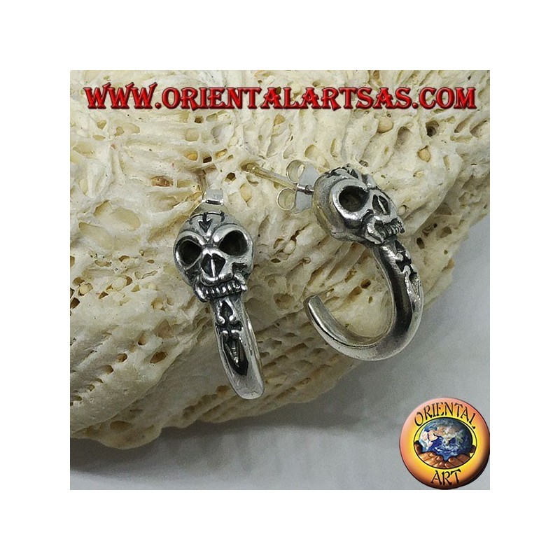 Boucle d'oreille en argent, demi-cercle de pirate avec crâne