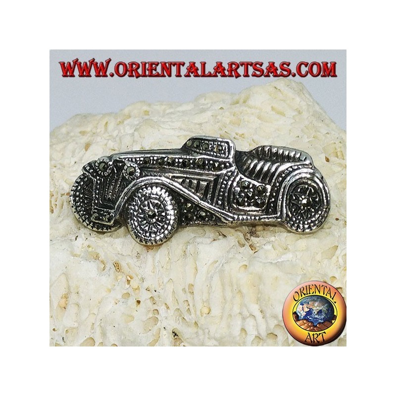 Broche de plata, carro antiguo vintage con marcasitas.