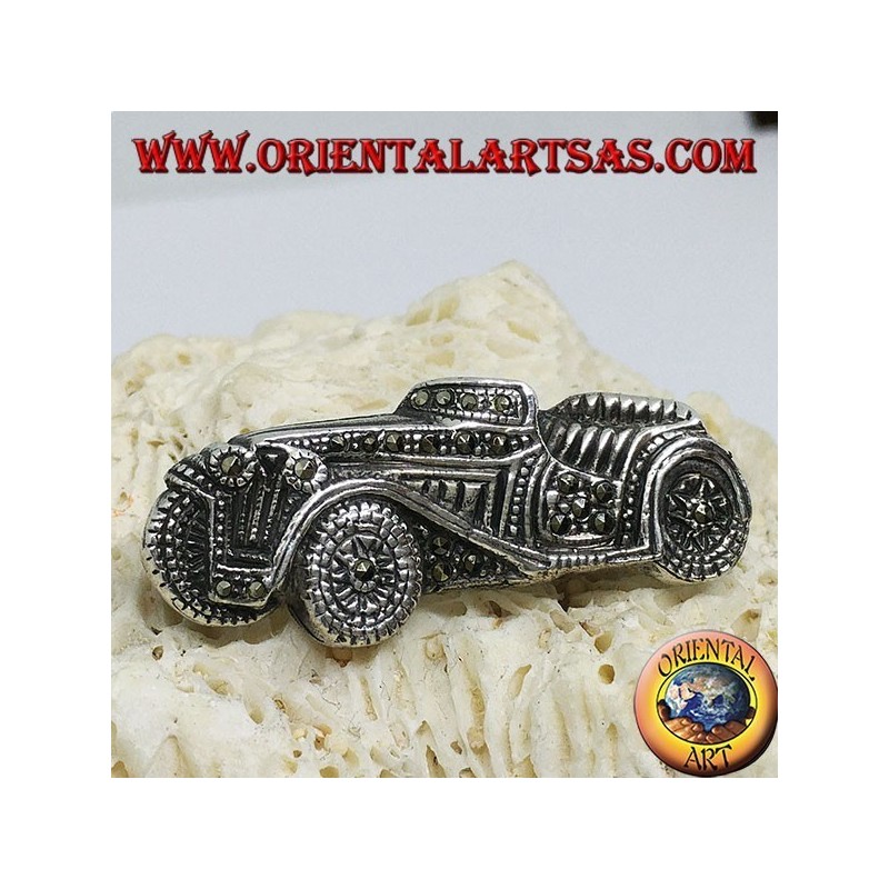 Silver brooch, antique vintage car with marcasites