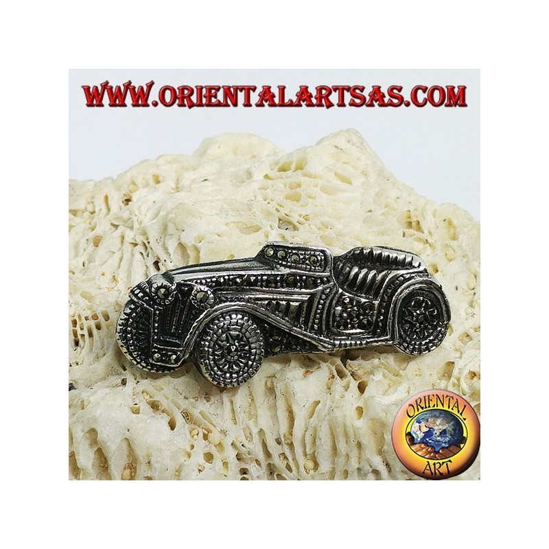 Silver brooch, antique vintage car with marcasites
