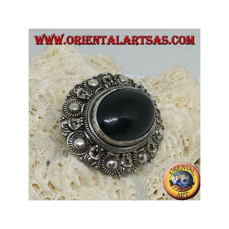 Handgemachte Silberbrosche mit ovalem Onyx