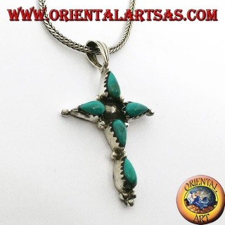 Pendentif croix en argent avec cinq turquoises en forme de goutte