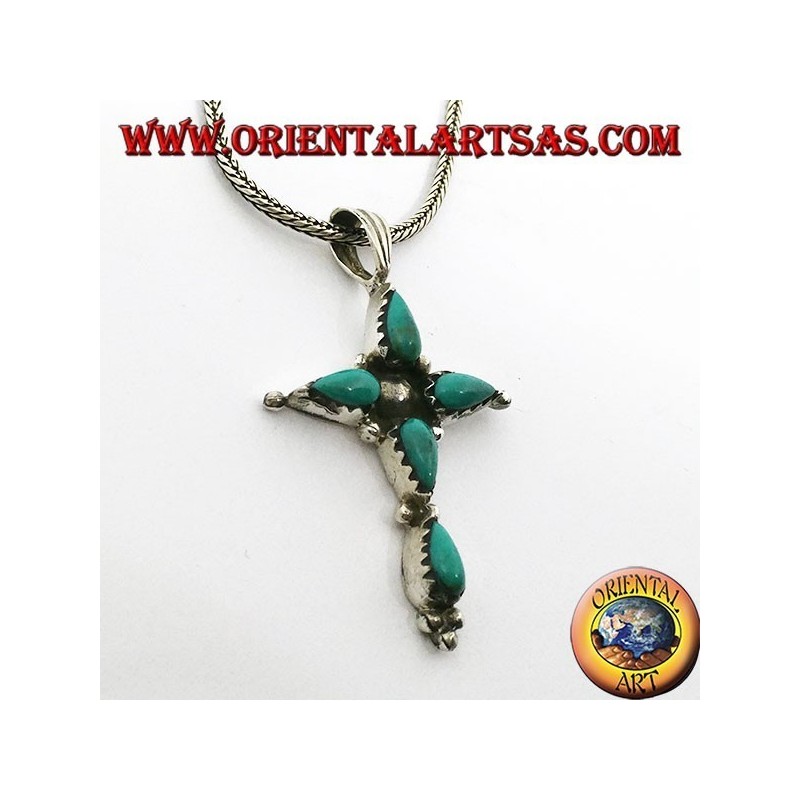 Silver cross pendant with five drop-shaped turquoises
