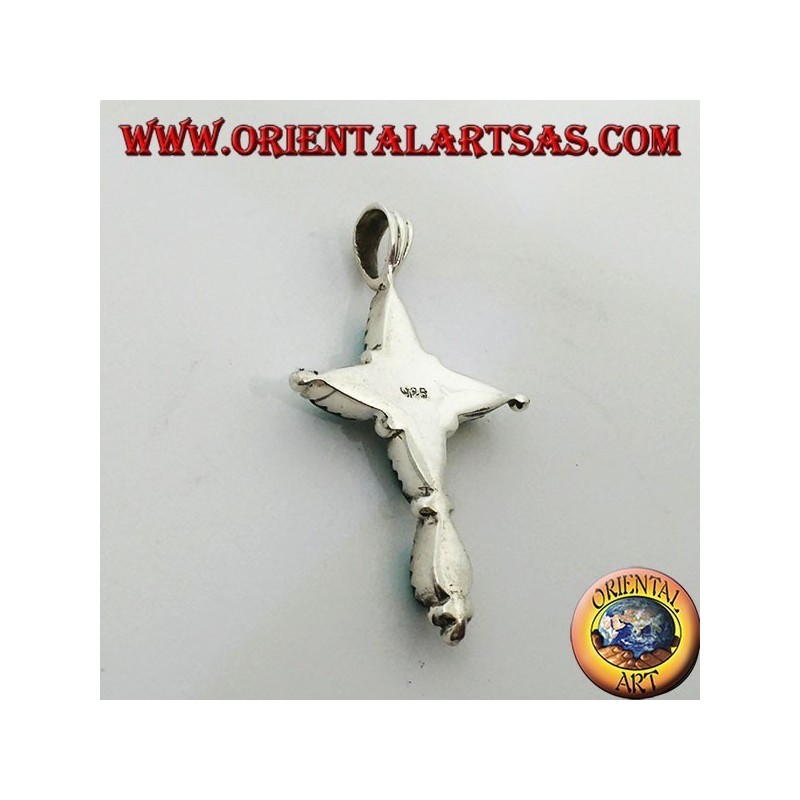 Pendentif croix en argent avec cinq turquoises en forme de goutte