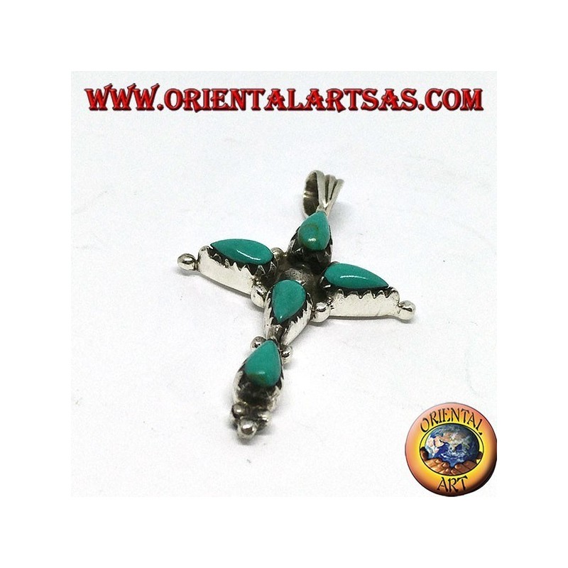 Pendentif croix en argent avec cinq turquoises en forme de goutte