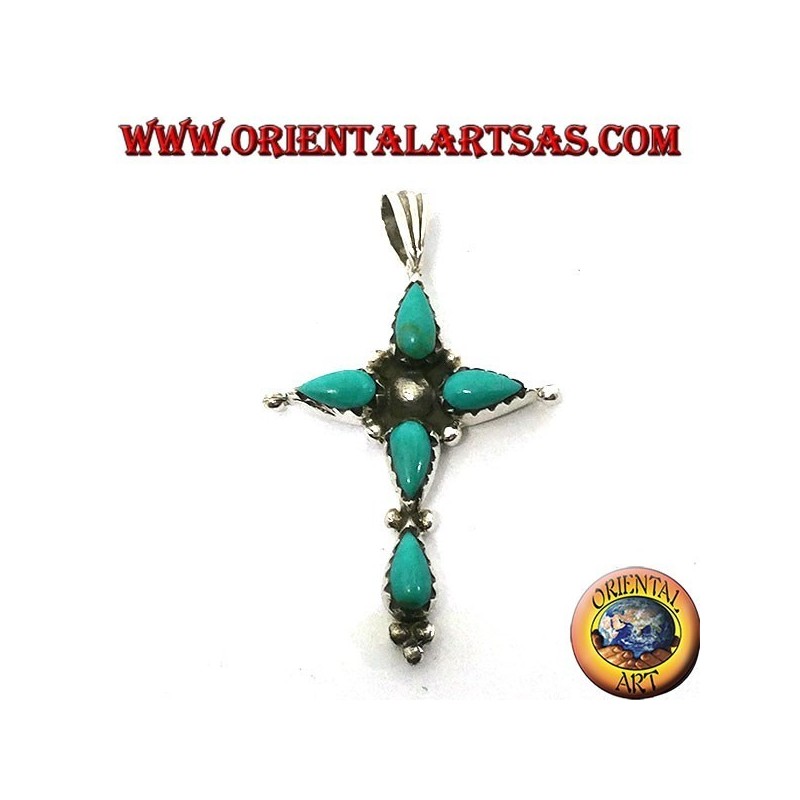Silver cross pendant with five drop-shaped turquoises