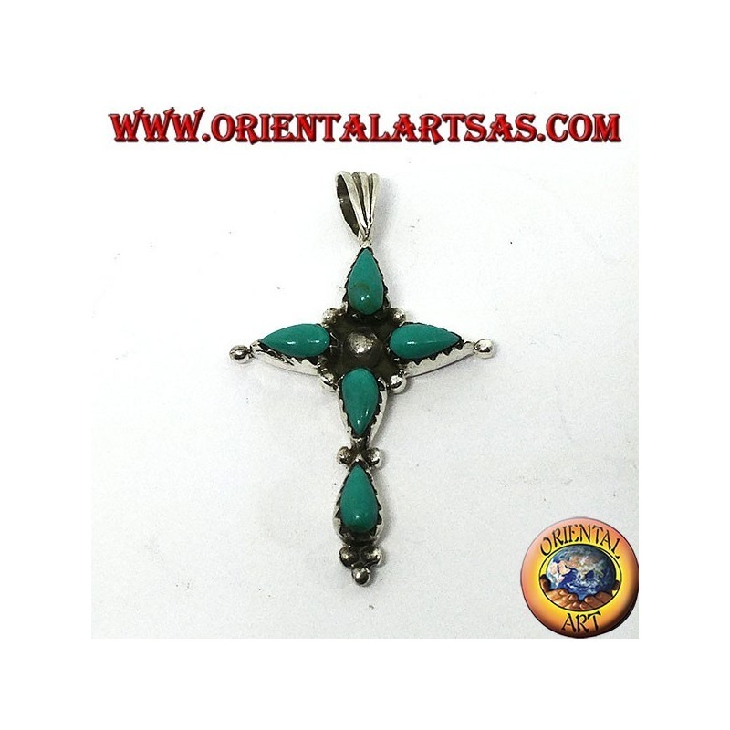 Silver cross pendant with five drop-shaped turquoises