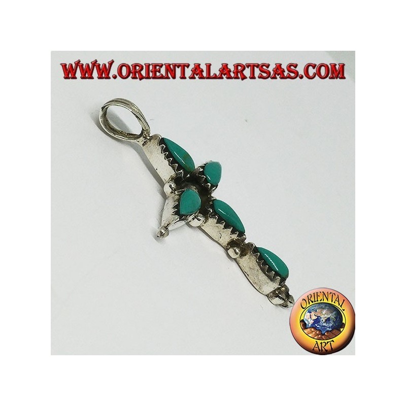 Silver cross pendant with five drop-shaped turquoises