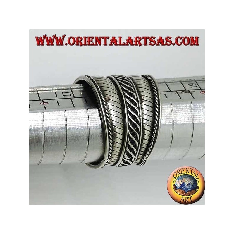 Wide band ring in silver with cross stripes, Bali