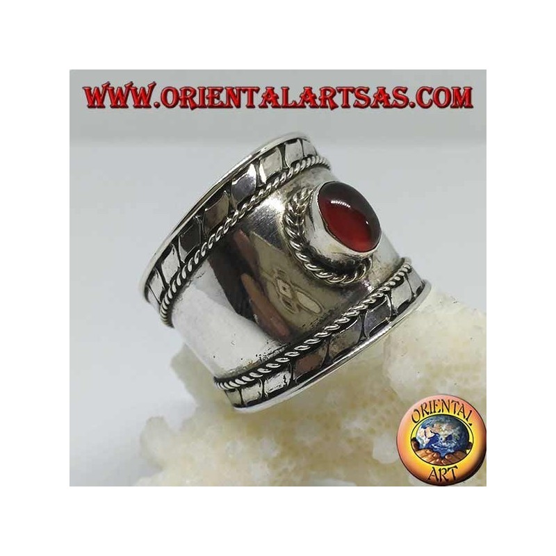Bague large en argent avec cabochon ovale rond, Bali