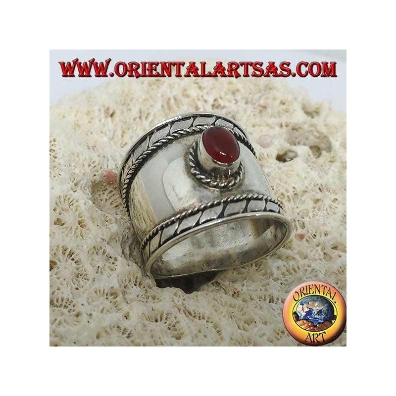 Breiter Bandring in Silber mit ovalem Cabochon rundem Cabochon, Bali
