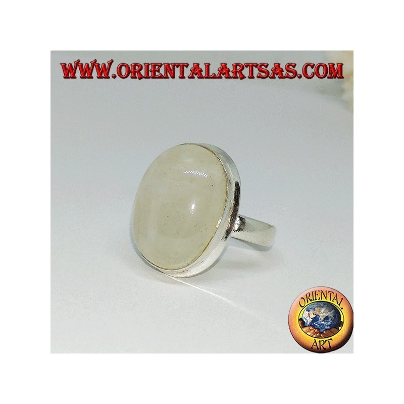 Silver ring with simple set oval rainbow moonstone