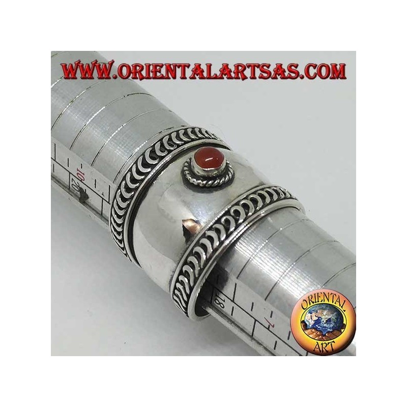 Wide band ring in silver with cabochon round carnelian, Bali