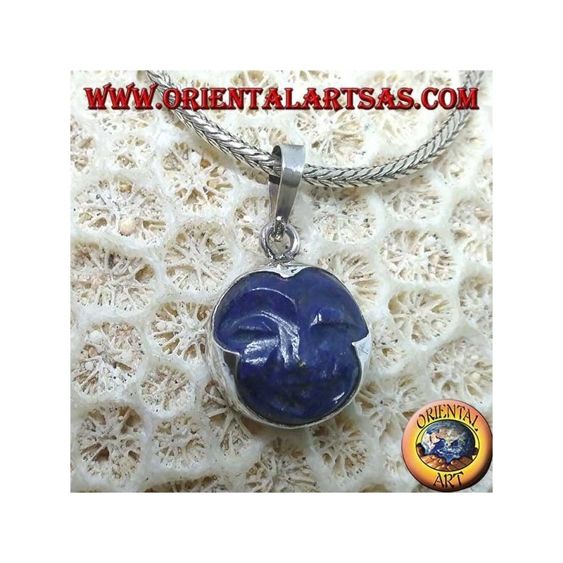 Silver pendant with sun cameo in natural lapis lazuli round