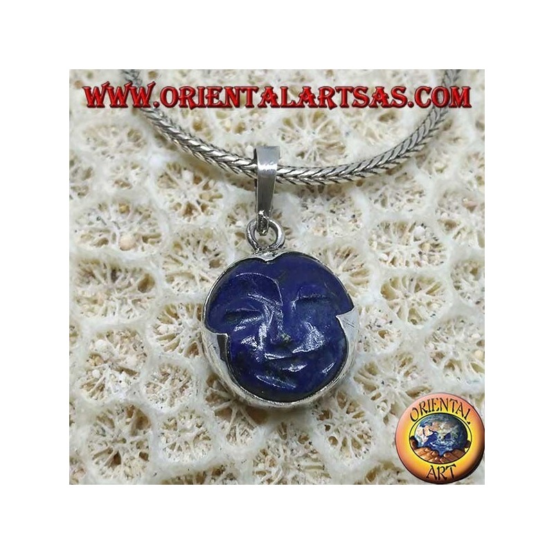 Silver pendant with sun cameo in natural lapis lazuli round