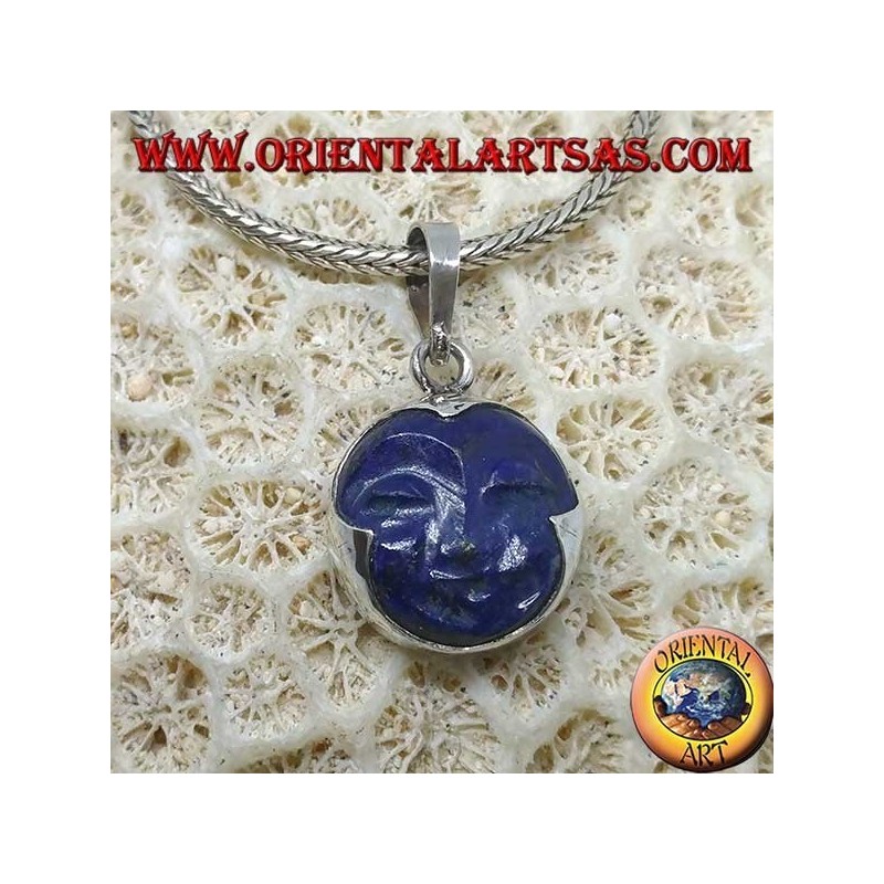 Silver pendant with sun cameo in natural lapis lazuli round