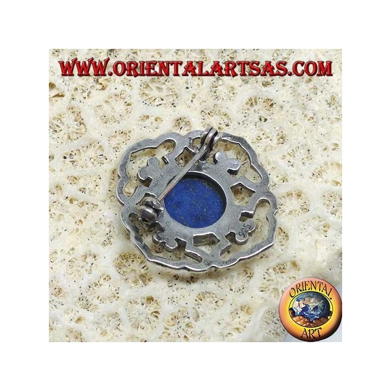 Dorje-Doppelsilberbrosche mit zentralem runden Lapislazuli