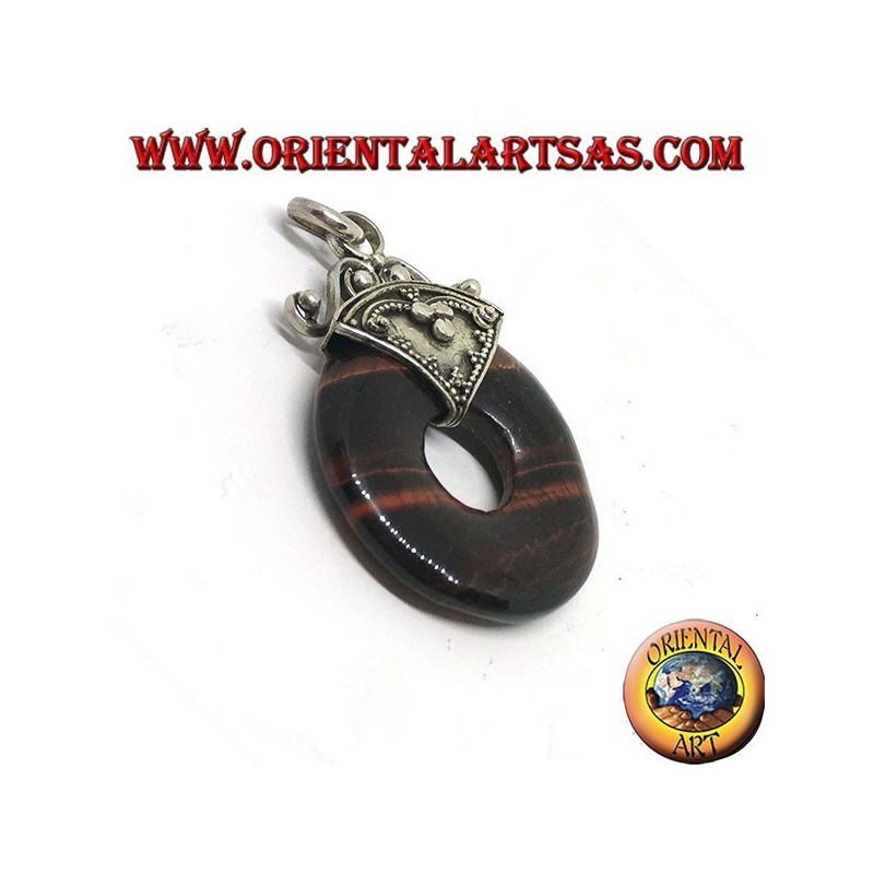 Pendentif en argent avec beignet dans l'oeil du tigre rouge