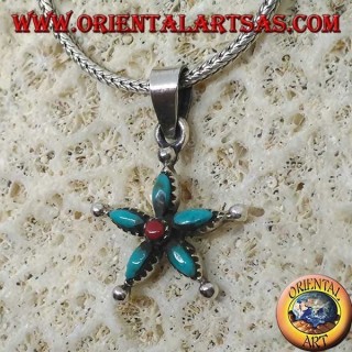 Colgante estrella de plata con turquesa y coral en el centro