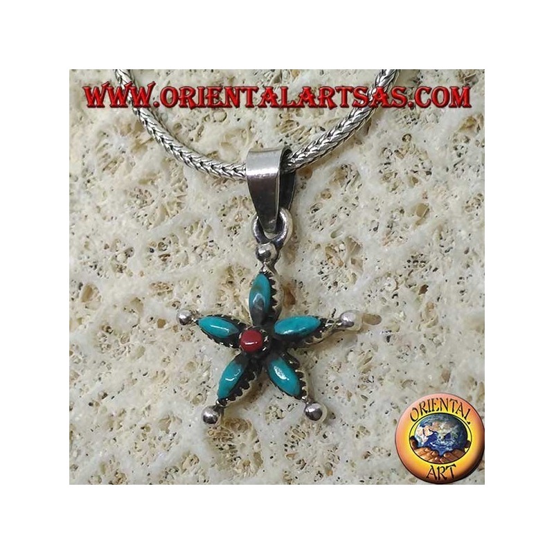 Silver star pendant with turquoise and coral in the center