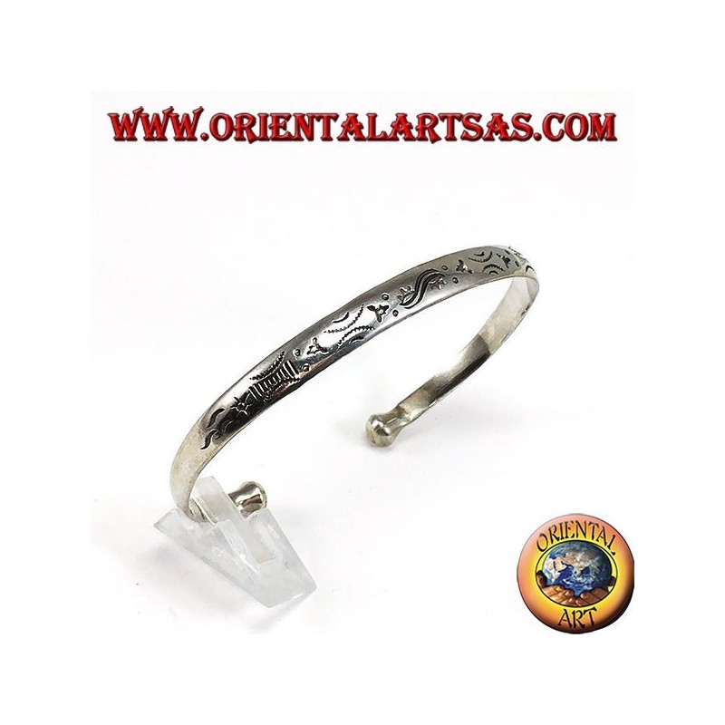 Bracelet rigide en argent, gravé à la main à l'aube et au coucher du soleil