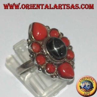 Anillo Nepal Plata Black Star óvalo corales naturales. Pieza única artesanal.