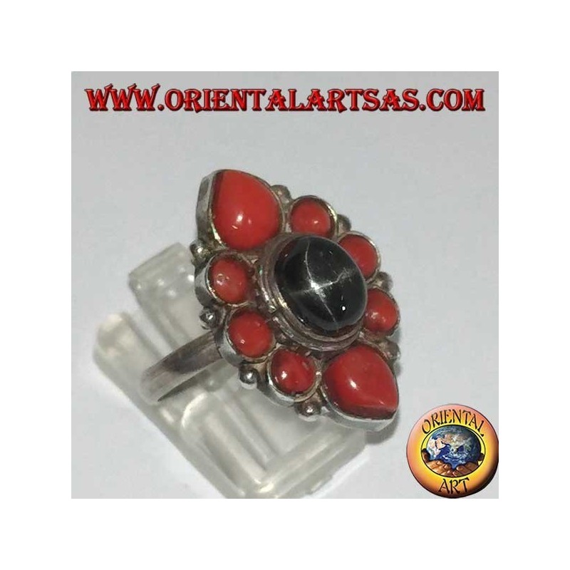 Nepal Silver Black Star oval ring with natural corals. Unique handmade piece.