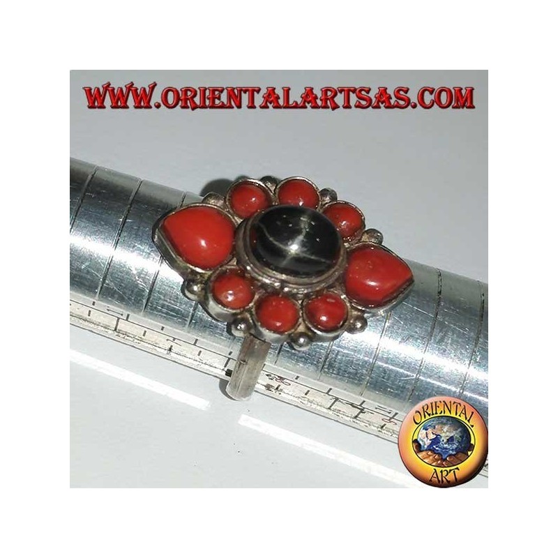 Anello Nepal Argento Black Star Ovale Coralli Naturali