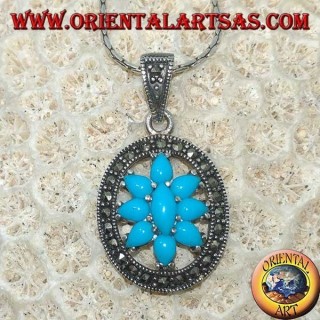 Pendant in oval silver with turquoise surrounded by marcasites