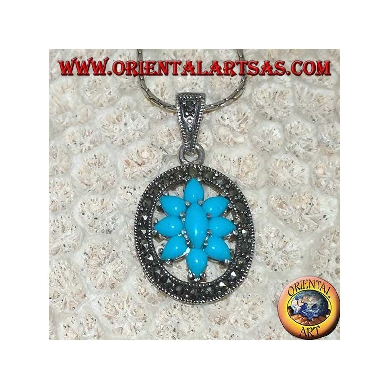 Colgante en plata ovalada con turquesa rodeado de marcasitas