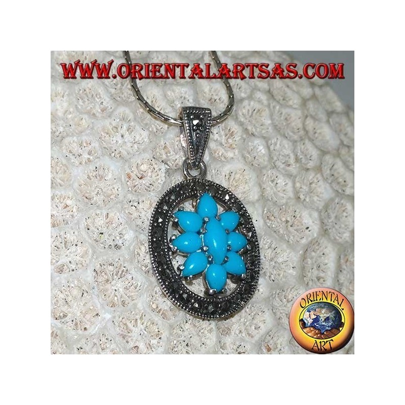 Pendentif en argent ovale avec turquoise entourée de marcassites