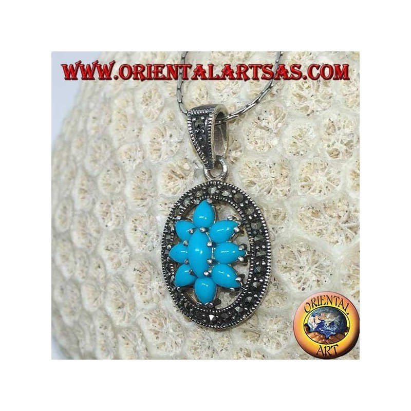 Pendentif en argent ovale avec turquoise entourée de marcassites
