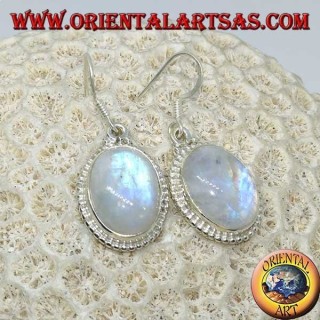 Pendientes colgantes de plata con piedra de luna ovalada del arco iris