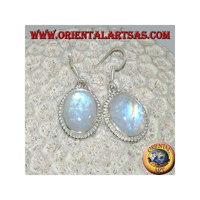 Silver pendent earrings with oval rainbow moonstone