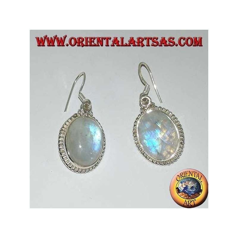 Pendientes colgantes de plata con piedra de luna ovalada del arco iris