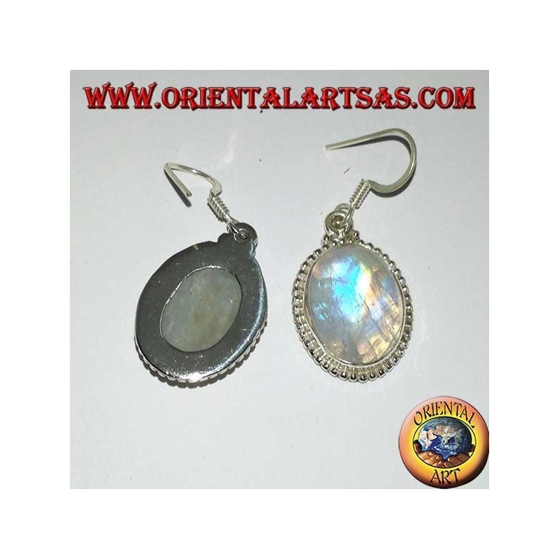 Boucles d'oreilles pendantes en argent avec pierre de lune arc-en-ciel ovale