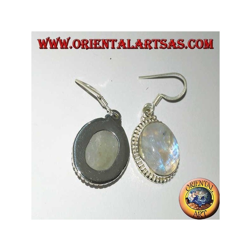 Boucles d'oreilles pendantes en argent avec pierre de lune arc-en-ciel ovale
