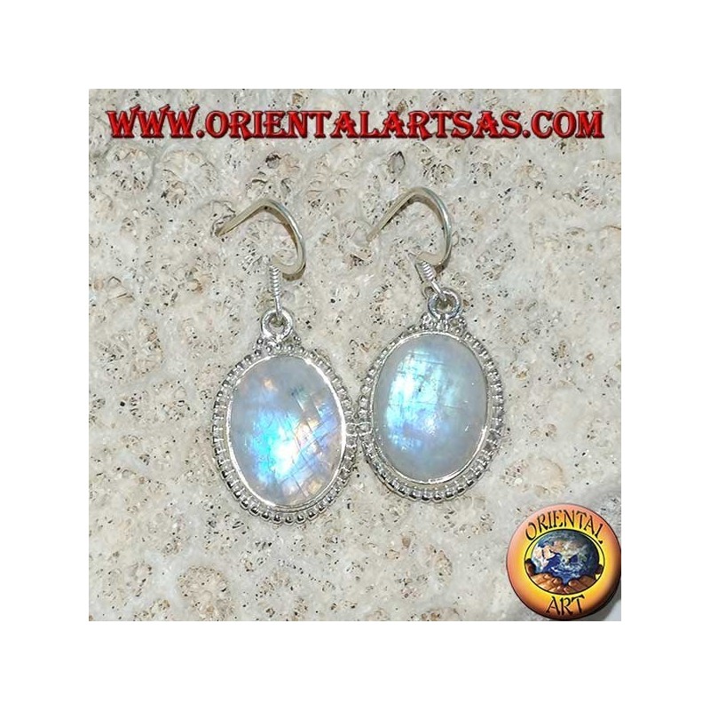 Boucles d'oreilles pendantes en argent avec pierre de lune arc-en-ciel ovale