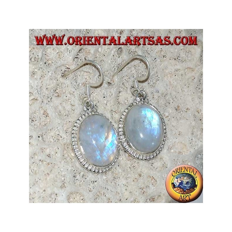 Boucles d'oreilles pendantes en argent avec pierre de lune arc-en-ciel ovale