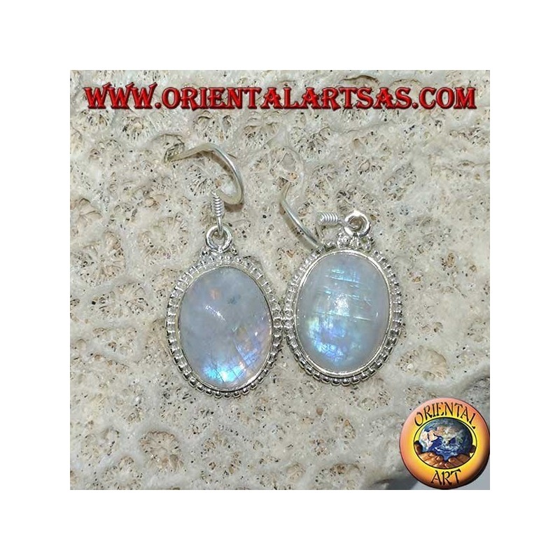 Silver pendent earrings with oval rainbow moonstone