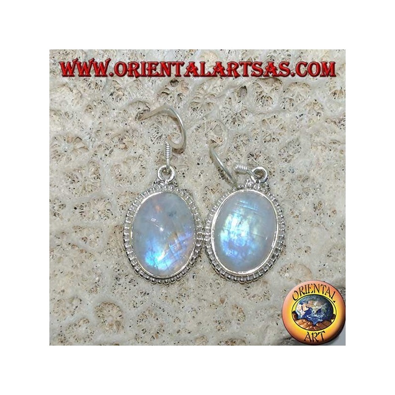 Silver pendent earrings with oval rainbow moonstone