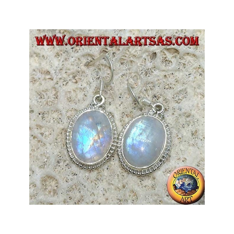 Orecchini in argento pendenti con pietra di luna arcobaleno ovale