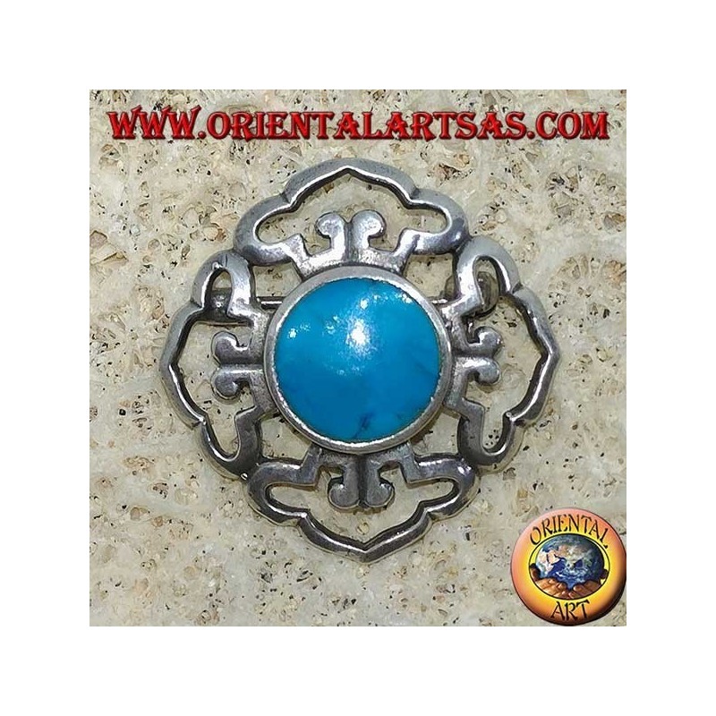 Dorje double silver brooch with central round turquoise