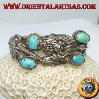 Bracelet in rigid silver, Dragon with natural turquoise handmade with a handcuff opening